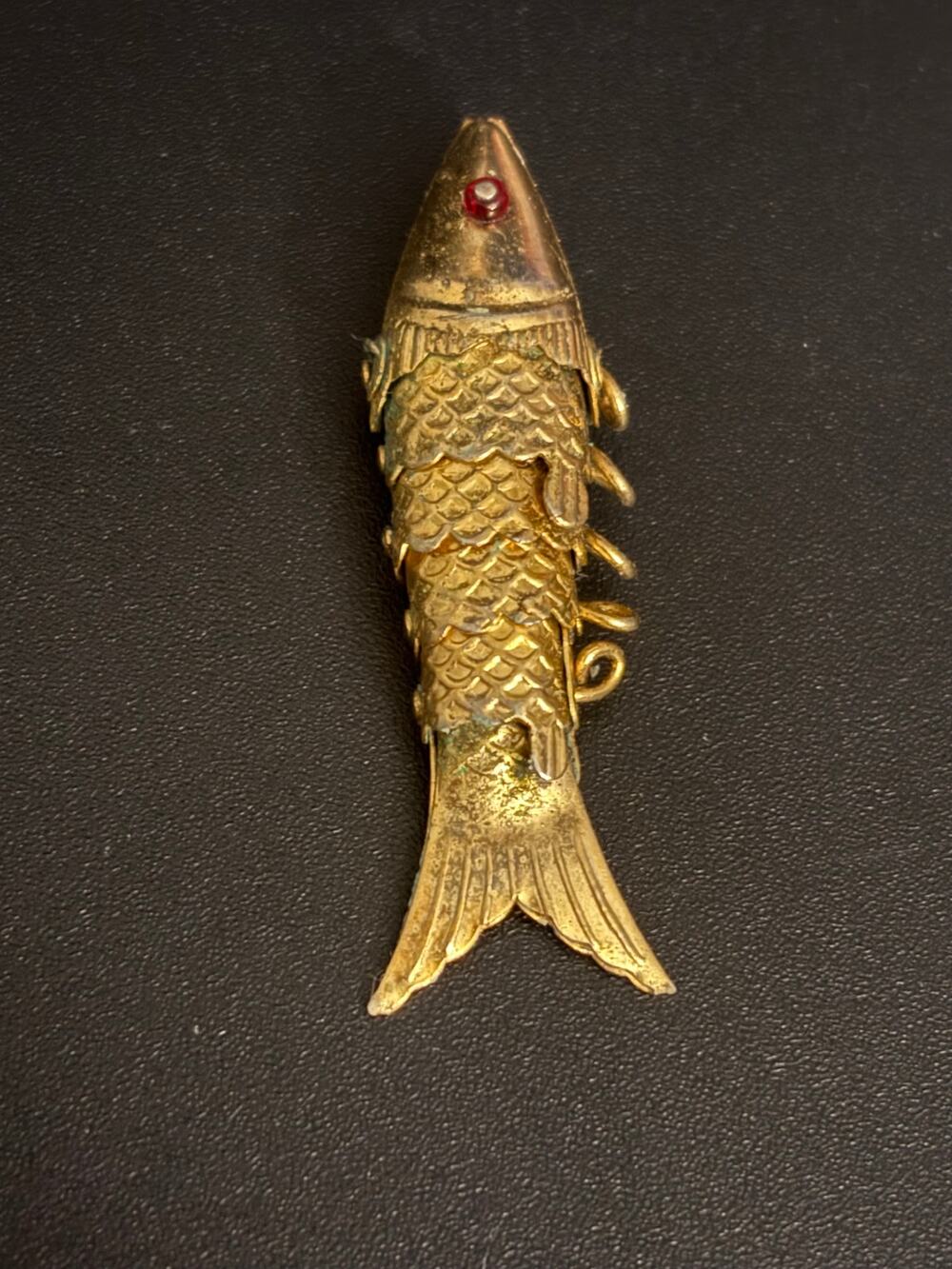 Vintage distressed Articulated Fish Pendant Red Rhinestone